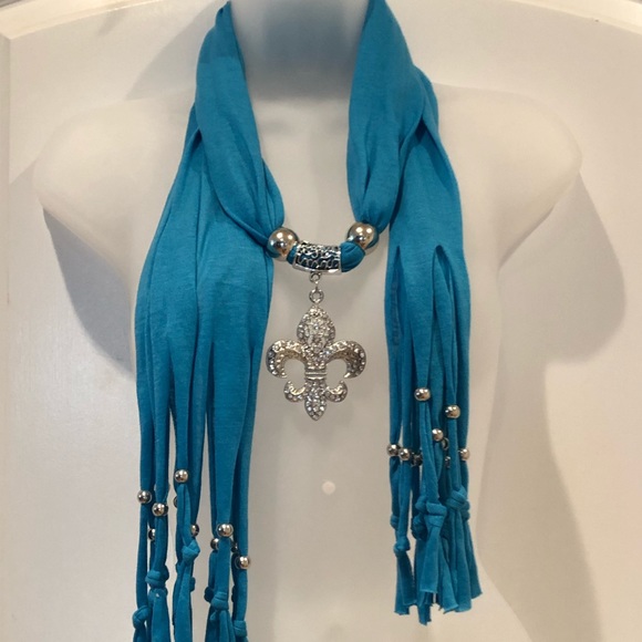 Accessories - Sky Blue Scarf with beautiful Fleur de Lis Pendant
